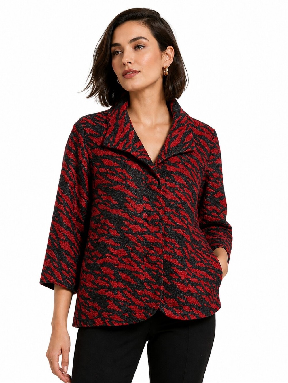 Chico's Red and Black Animal Print Collar Jacket 16